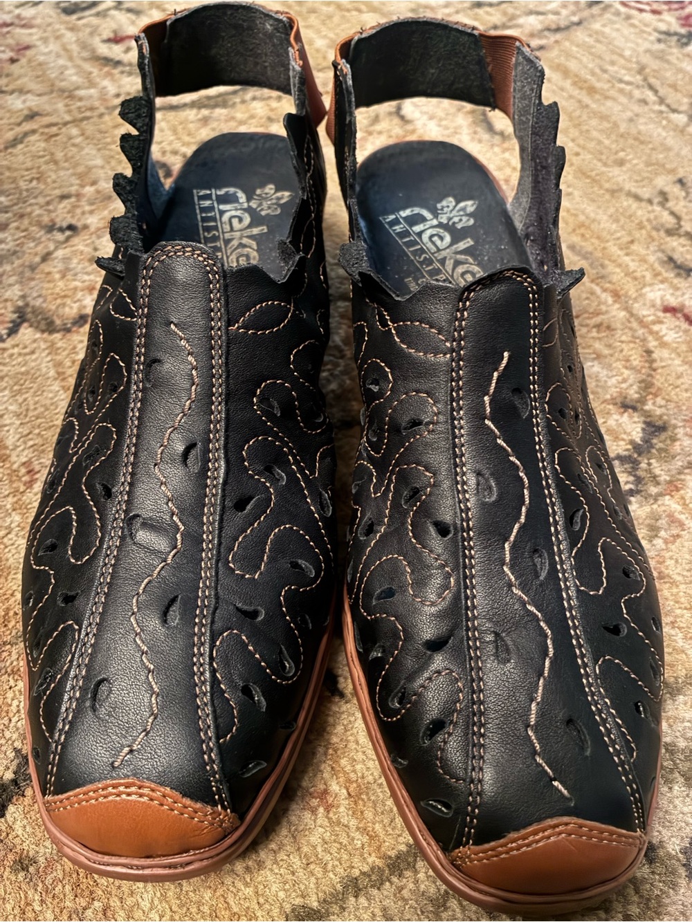 Rieker Black Leather Slip-On Anti-Stress Cut-Outs with Brown Accents. Size 40